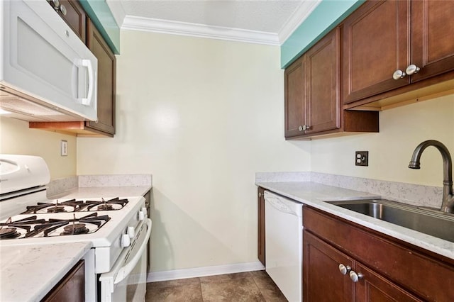 230 Brett Dr, Gretna, LA 70056 - kitchen featuring white appliances, crown molding, and light countertops