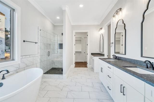 5053 Twin River Pl, Covington, LA 70433 - full bath with a shower stall, a freestanding bath, marble finish flooring, double vanity, and crown molding