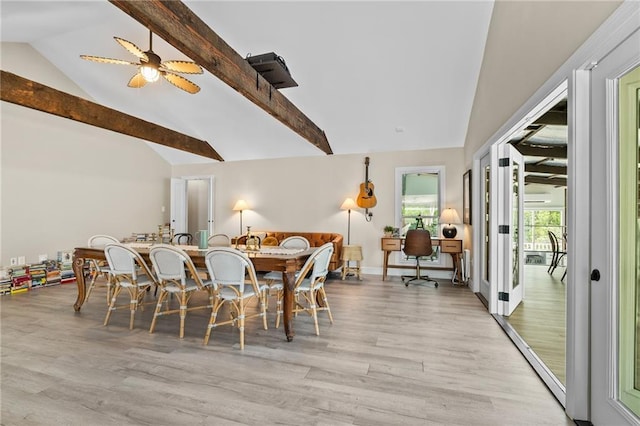 59246 Cypress Bayou Ln, Lacombe, LA 70445 - dining space with light wood finished floors, high vaulted ceiling, beamed ceiling, and ceiling fan