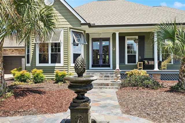 8 Oak Tree Dr, Slidell, LA 70458 - view of exterior entry featuring a porch, a shingled roof, and french doors