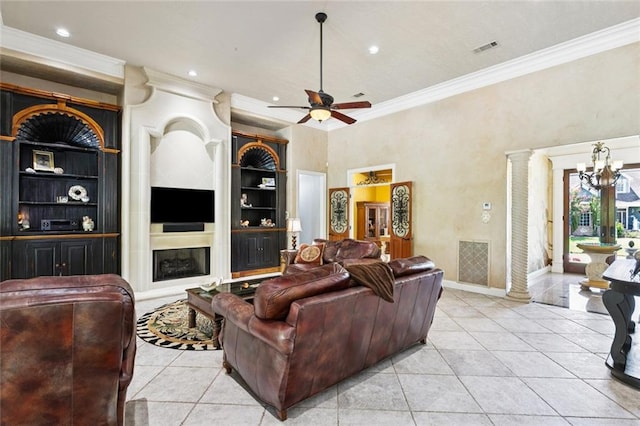 8 Oak Tree Dr, Slidell, LA 70458 - living room with crown molding, ceiling fan, light tile patterned flooring, built in features, and recessed lighting