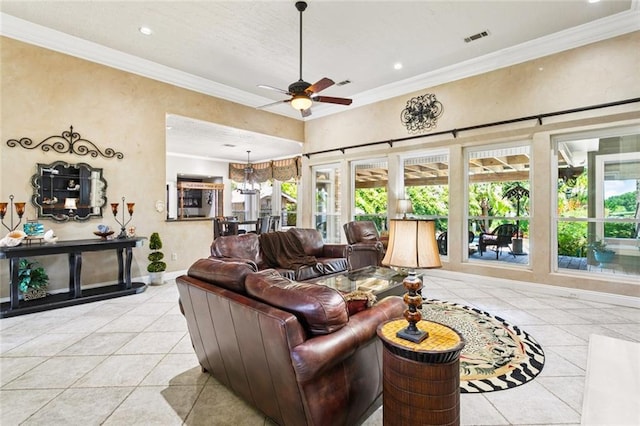 8 Oak Tree Dr, Slidell, LA 70458 - living room featuring light tile patterned floors, plenty of natural light, ornamental molding, ceiling fan, and recessed lighting
