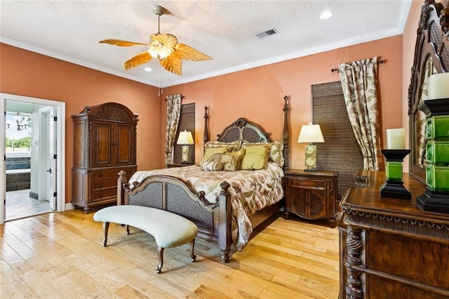 8 Oak Tree Dr, Slidell, LA 70458 - bedroom with light wood-type flooring, a textured ceiling, crown molding, recessed lighting, and ceiling fan