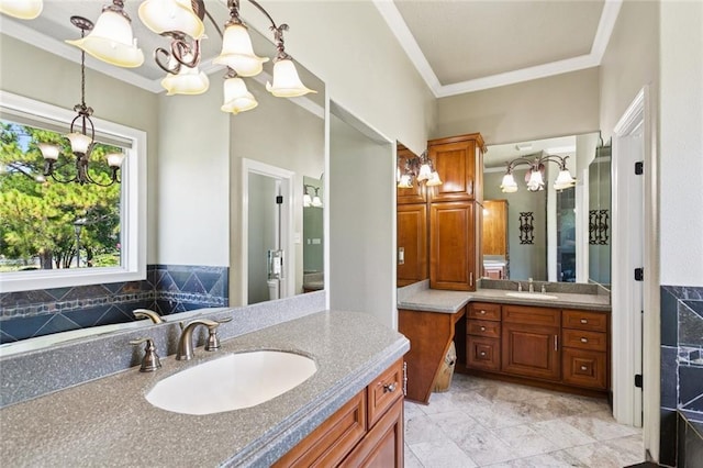 8 Oak Tree Dr, Slidell, LA 70458 - bathroom with a chandelier, vanity, and ornamental molding