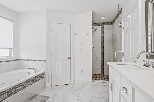 1107 Meadow Ct, Mandeville, LA 70448 - full bath with marble look tile flooring, a shower stall, a jetted tub, vanity, and recessed lighting