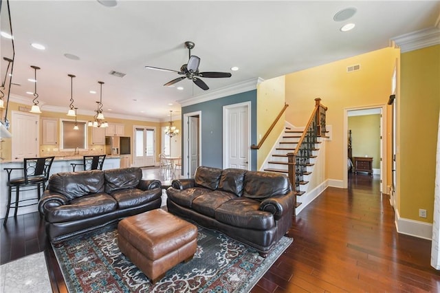 230 26th St, New Orleans, LA 70124 - living area featuring stairway, dark wood-type flooring, crown molding, ceiling fan, and recessed lighting