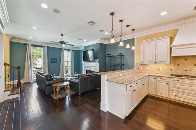 230 26th St, New Orleans, LA 70124 - kitchen with open floor plan, custom exhaust hood, a peninsula, light stone counters, and a fireplace