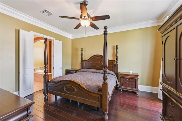 230 26th St, New Orleans, LA 70124 - bedroom with hardwood / wood-style flooring, ornamental molding, a ceiling fan, and ensuite bathroom