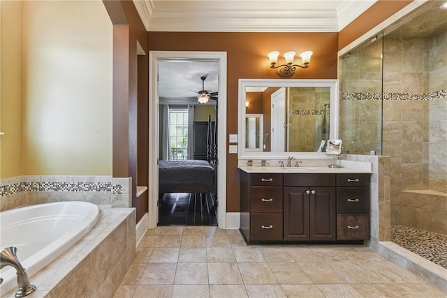 230 26th St, New Orleans, LA 70124 - ensuite bathroom with ornamental molding, a bath, vanity, tiled shower, and a ceiling fan