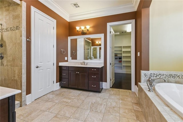 230 26th St, New Orleans, LA 70124 - full bath with vanity, a bath, ornamental molding, and a tile shower