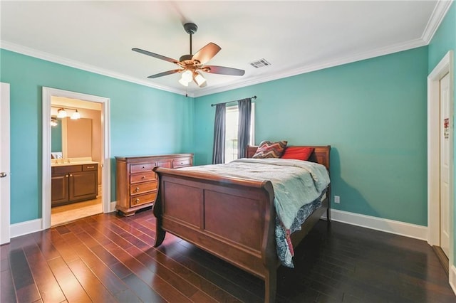 230 26th St, New Orleans, LA 70124 - bedroom with dark wood-style flooring, crown molding, ceiling fan, and ensuite bath