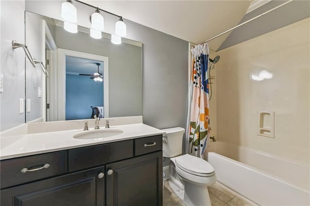 230 26th St, New Orleans, LA 70124 - full bathroom featuring vanity, shower / bath combo, tile patterned flooring, a ceiling fan, and vaulted ceiling