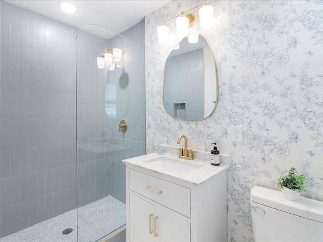 1340 Nursery Pl, Metairie, LA 70005 - bathroom with vanity, a walk in shower, and wallpapered walls