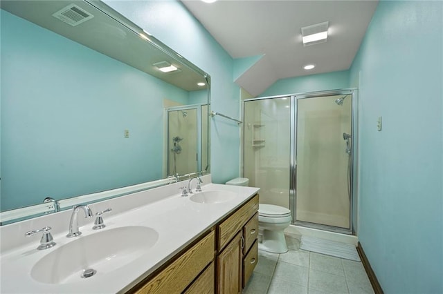 3541 Alan St, Metairie, LA 70002 - bathroom featuring a shower stall, double vanity, and tile patterned flooring