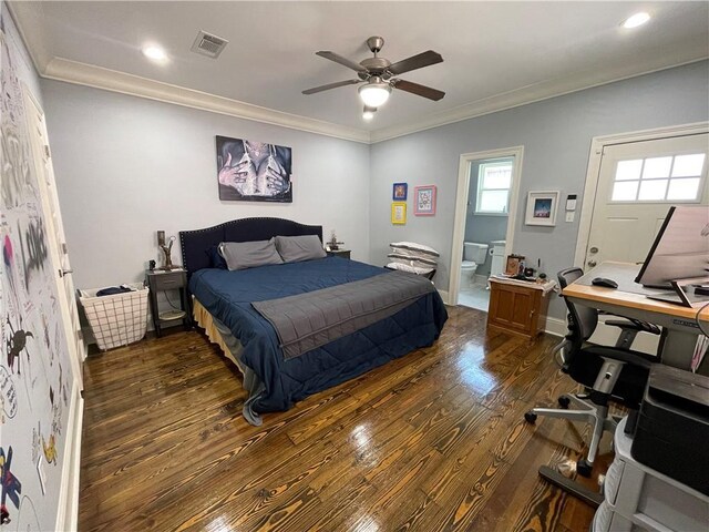 2272 N Robertson St, New Orleans, LA 70117 - bedroom featuring dark wood-type flooring, an office area, crown molding, recessed lighting, and connected bathroom