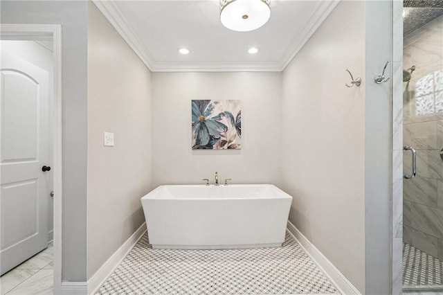 9 Hennessey Ct, River Ridge, LA 70123 - full bathroom featuring a soaking tub, ornamental molding, a stall shower, recessed lighting, and marble look tiles