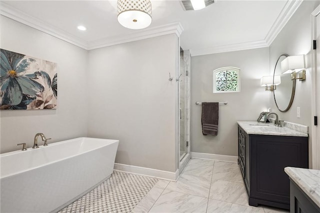 9 Hennessey Ct, River Ridge, LA 70123 - full bathroom with ornamental molding, vanity, a freestanding bath, a shower stall, and marble look tiles