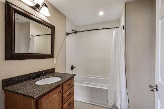 7922 Flounder St, New Orleans, LA 70126 - bathroom with vanity, shower / bathtub combination with curtain, tile patterned flooring, and recessed lighting