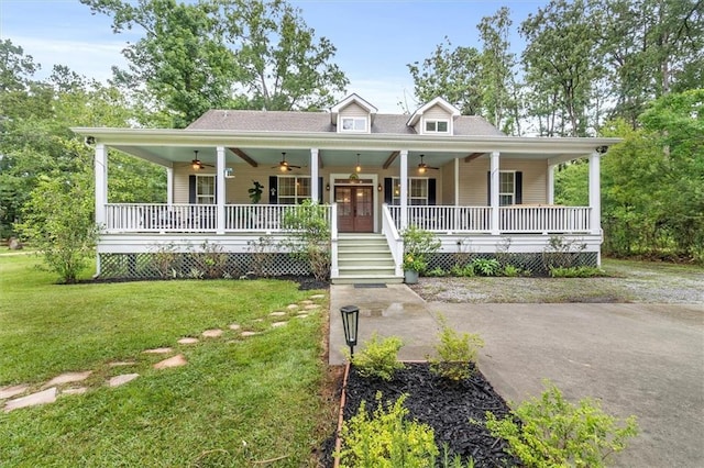 28 Hyacinth Dr, Covington, LA 70433 - farmhouse inspired home featuring ceiling fan, a porch, a front lawn, and french doors