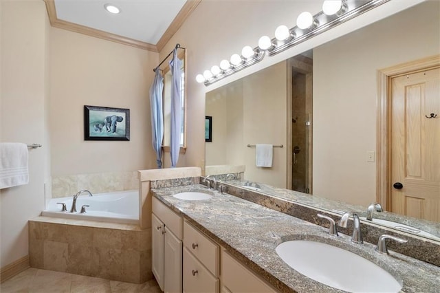28 Hyacinth Dr, Covington, LA 70433 - full bath with a garden tub, double vanity, crown molding, tile patterned flooring, and a shower