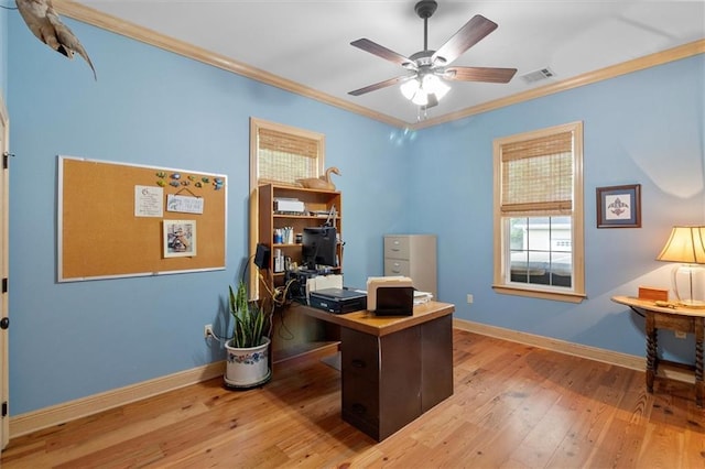 28 Hyacinth Dr, Covington, LA 70433 - office space featuring crown molding, wood-type flooring, and a ceiling fan