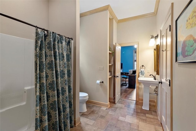 28 Hyacinth Dr, Covington, LA 70433 - full bathroom with stone finish floors, ornamental molding, and curtained shower