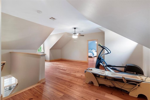 28 Hyacinth Dr, Covington, LA 70433 - exercise room featuring lofted ceiling, light wood-style flooring, and a ceiling fan