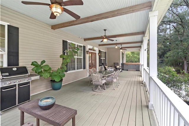 28 Hyacinth Dr, Covington, LA 70433 - deck with ceiling fan, a hot tub, outdoor dining area, and area for grilling