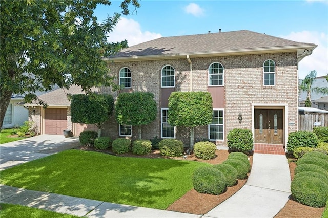 5033 Bissonet Dr, Metairie, LA 70003 - view of front facade with a front yard, concrete driveway, an attached garage, brick siding, and roof with shingles