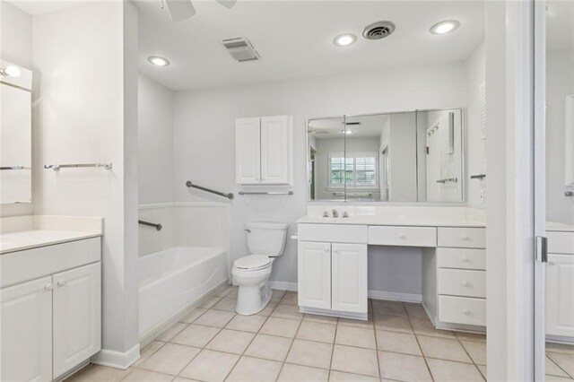 5033 Bissonet Dr, Metairie, LA 70003 - bathroom featuring a bath, vanity, tile patterned floors, a ceiling fan, and recessed lighting