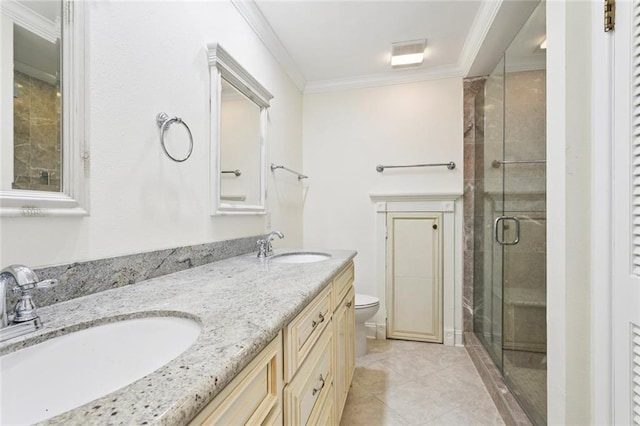 5033 Bissonet Dr, Metairie, LA 70003 - bathroom featuring crown molding, double vanity, and a shower stall