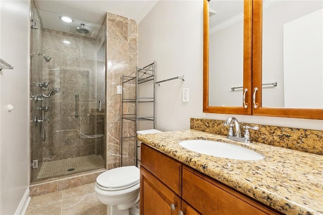 5033 Bissonet Dr, Metairie, LA 70003 - bathroom featuring vanity, a stall shower, ornamental molding, and tile patterned floors