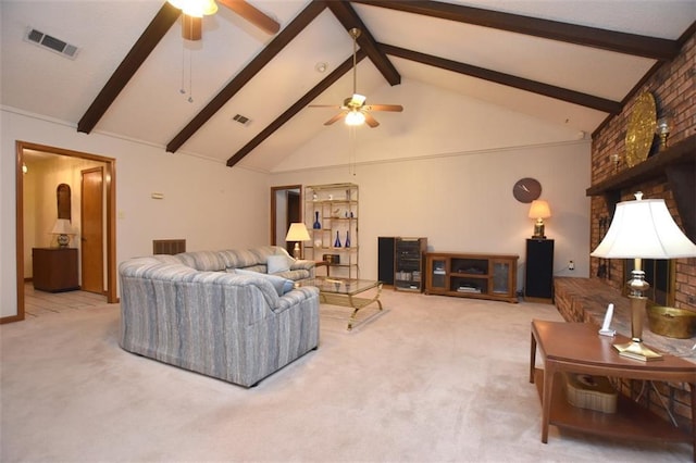 1005 Oakland Dr, Pearl River, LA 70452 - living room with ceiling fan, carpet floors, beam ceiling, and high vaulted ceiling