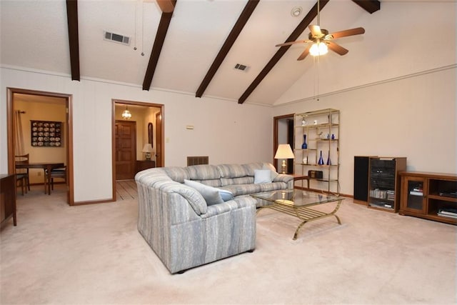 1005 Oakland Dr, Pearl River, LA 70452 - living area featuring carpet floors, ceiling fan, beam ceiling, and high vaulted ceiling