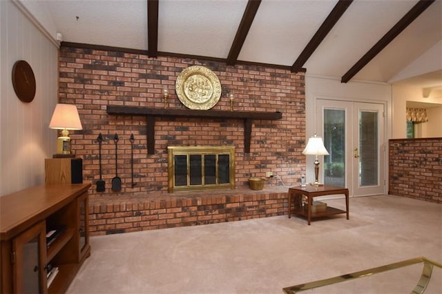 1005 Oakland Dr, Pearl River, LA 70452 - carpeted living room with french doors and a brick fireplace