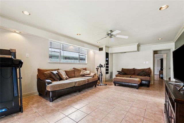 822 Homestead Ave, Metairie, LA 70005 - living room with crown molding, a ceiling fan, light tile patterned floors, and recessed lighting