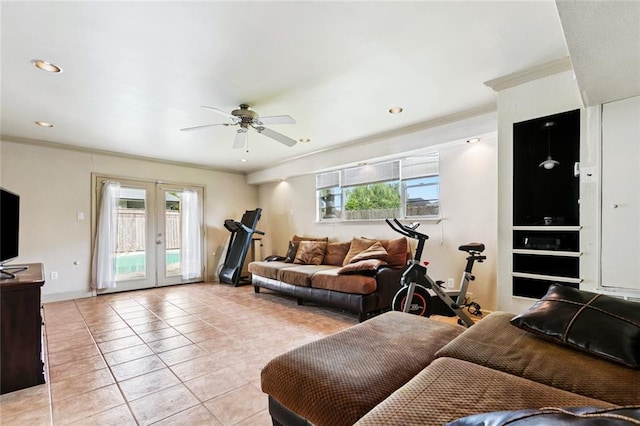 822 Homestead Ave, Metairie, LA 70005 - living room with french doors, light tile patterned floors, ceiling fan, ornamental molding, and recessed lighting