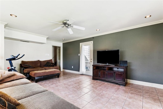822 Homestead Ave, Metairie, LA 70005 - living area featuring ornamental molding, ceiling fan, light tile patterned floors, and recessed lighting