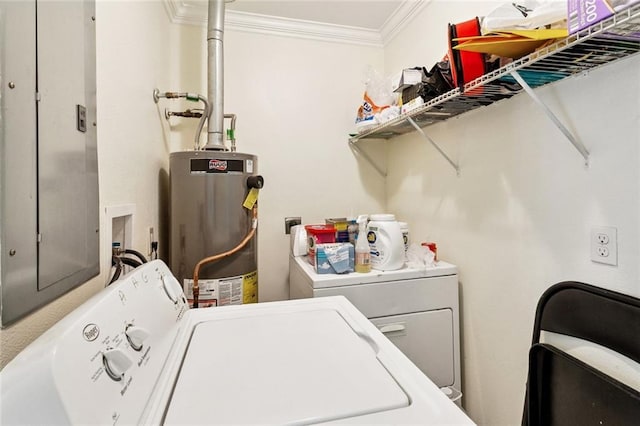 452426 Lafon Dr, New Orleans, LA 70126 - laundry room featuring independent washer and dryer, water heater, and ornamental molding