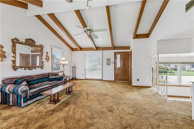 6213 Rosalie Ct, Metairie, LA 70003 - living room with beamed ceiling, carpet, ceiling fan, healthy amount of natural light, and high vaulted ceiling