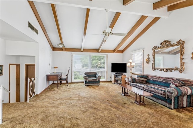 6213 Rosalie Ct, Metairie, LA 70003 - carpeted living room with beamed ceiling, a ceiling fan, and high vaulted ceiling
