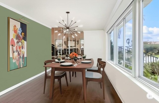 6213 Rosalie Ct, Metairie, LA 70003 - dining space with plenty of natural light, a chandelier, wood finished floors, and crown molding