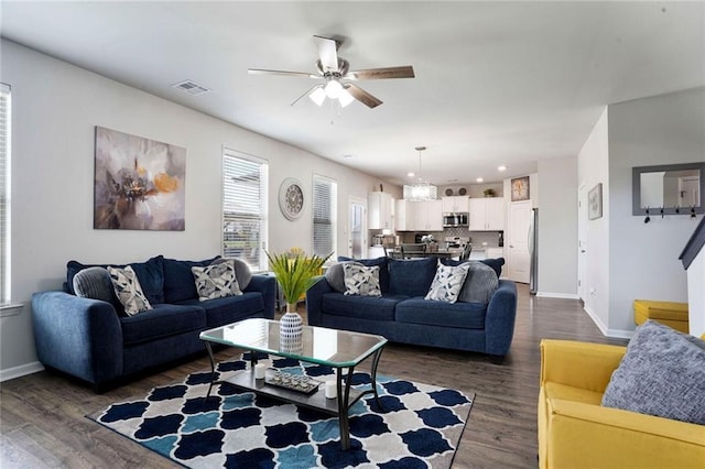 801 Lakeshore Village Dr, Slidell, LA 70461 - living room featuring a ceiling fan, dark wood-style flooring, and recessed lighting