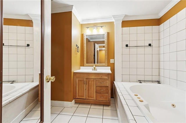 501 Oriole St, Metairie, LA 70006 - full bath featuring a tub with jets, vanity, crown molding, and tile patterned flooring