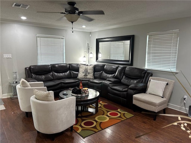 532 Deerfield Rd, Terrytown, LA 70056 - living area with ornamental molding, a ceiling fan, wood finished floors, and a textured ceiling