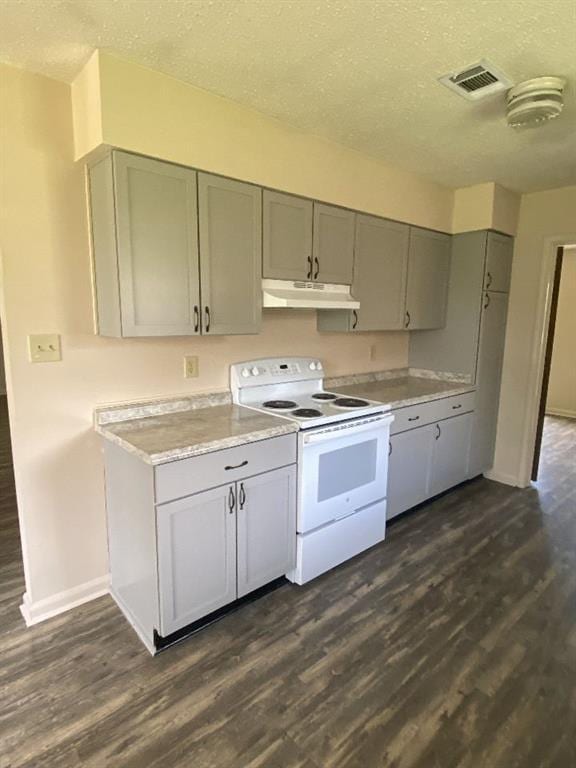 1411 Patriot St, Slidell, LA 70458 - kitchen with white electric range oven, under cabinet range hood, dark wood-style flooring, light countertops, and a textured ceiling