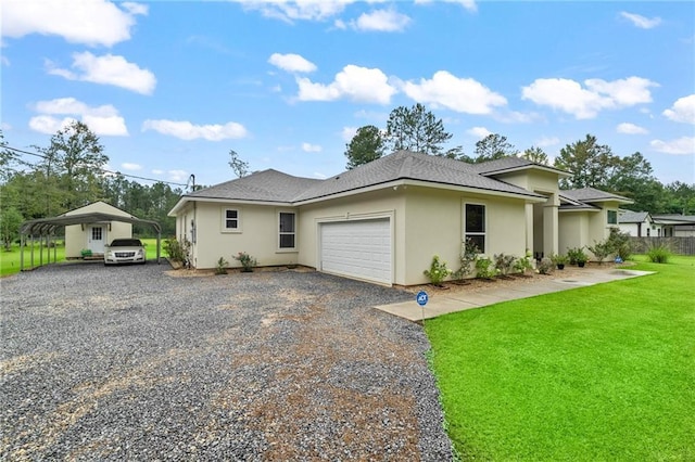 22484 Treadaway St, Mandeville, LA 70471 - view of home's exterior with a carport, gravel driveway, stucco siding, a yard, and a garage