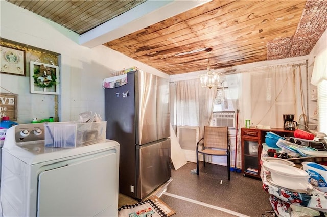 719 W Vine St, Opelousas, LA 70570 - laundry room featuring washer / dryer, wooden ceiling, a chandelier, and cooling unit