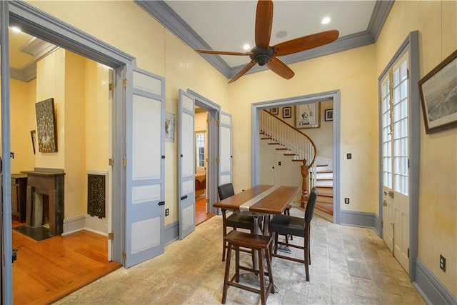 101921 Saint Peter St, New Orleans, LA 70116 - dining space featuring ornamental molding, stairway, ceiling fan, plenty of natural light, and recessed lighting