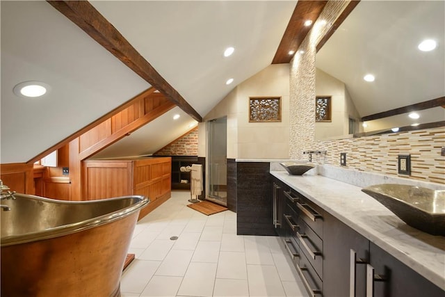101921 Saint Peter St, New Orleans, LA 70116 - full bathroom with double vanity, a shower stall, recessed lighting, tile patterned floors, and a wainscoted wall